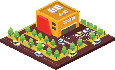 Vibrant isometric supermarket scene with cars and trees creating a lively urban retail environment