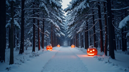 Enchanting winter forest illuminated by glowing jack-o'-lanterns creating a whimsical atmosphere