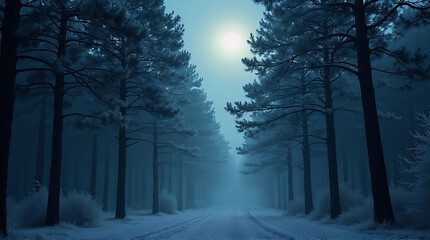Mystical winter forest landscape with snow-covered trees and a foggy path
