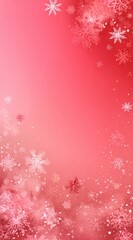 Blurred snowflakes in varied sizes drift down a soft, pink to red gradient backdrop, creating a whimsical, festive, and wintery atmosphere