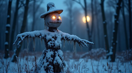 Eerie snowman with glowing eyes stands guard in a snowy winter forest scenery