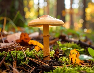 Close-up of a mushroom in autumn forest floor
