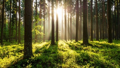 Fototapeta premium Sunlit Forest at Dawn Magical Nature Scene