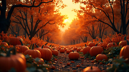 Autumnal pumpkin patch at sunset with vibrant orange trees and warm light
