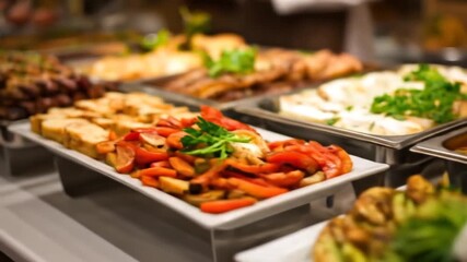 Delicious buffet selection with a variety of hot dishes ready to be served for lunch
