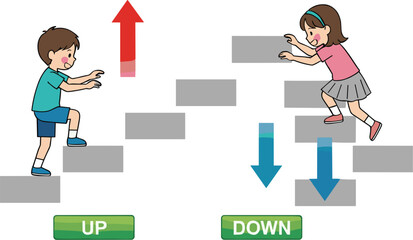 Educational vector illustration of kids going up and down stairs to teach directions, movement, verbs, actions, and spatial concepts.
