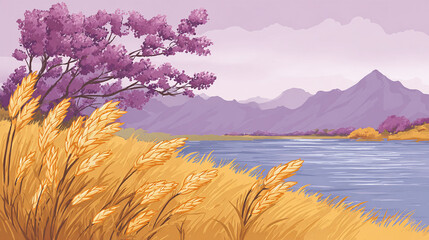 唯美风景画作湖畔紫树