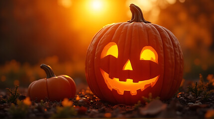 Warm Halloween Evening: Jack-o'-Lanterns Glowing in Autumn Setting