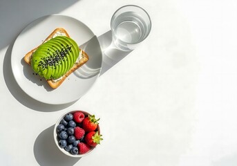 Fototapeta premium Healthy minimalist breakfast with avocado toast, fresh berries, and clean water