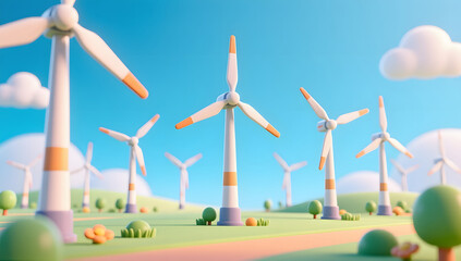 3D landscape of wind power generation and green pastoral