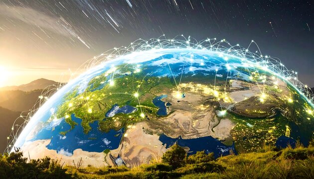 Earth globe, network, sunrise, mountains - Powered by Adobe