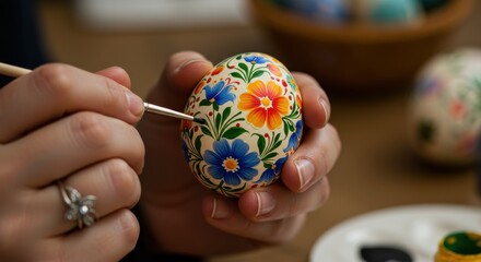 Hands meticulously paint intricate floral patterns onto a decorative Easter egg.