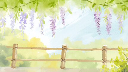 紫藤花下木栅栏