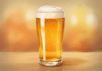 Refreshing golden lager beer with frothy head on wooden table, perfect for advertising and celebrations.