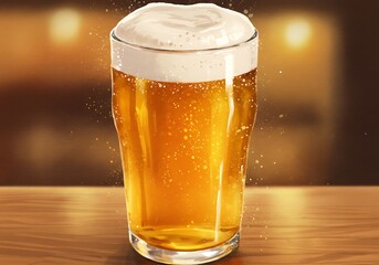 Refreshing golden beer with frothy head sparkles in warm ambient light on wooden bar top