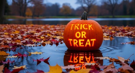 Glowing trick or treat pumpkin reflecting in water surrounded by autumn leaves for halloween celebration