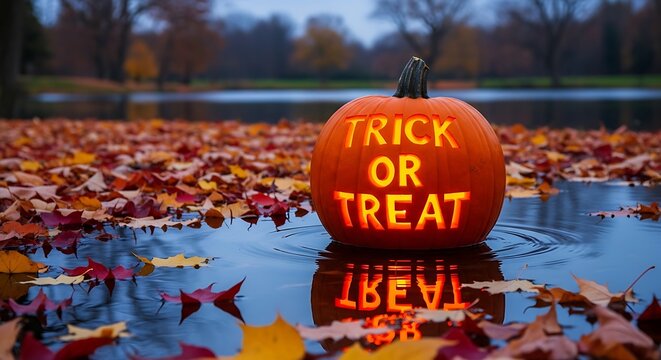 Glowing trick or treat pumpkin reflecting in water surrounded by autumn leaves for halloween celebration - Powered by Adobe