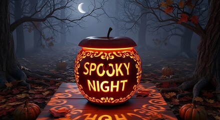 Carved pumpkin glowing with spooky night message in a dark forest under a full moon creating a halloween atmosphere