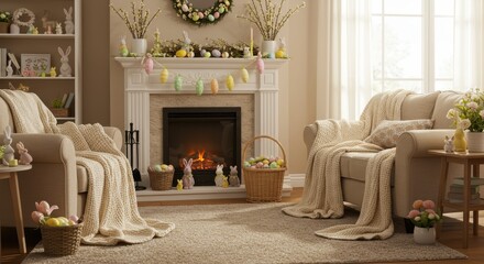 Cozy living room decorated for Easter, featuring light beige furniture, throws, and decorative elements.