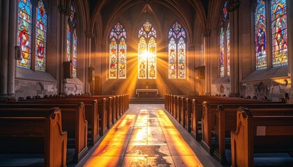 Obraz premium Captivating view of sunlight illuminating the interior of a Gothic cathedral through vibrant stained glass windows.