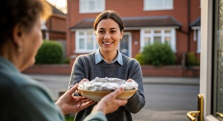 Kind neighbor delivering homemade casserole to thankful elderly woman at her front door with a smile