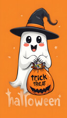 Adorable cartoon ghost holding a trick-or-treat candy bag.