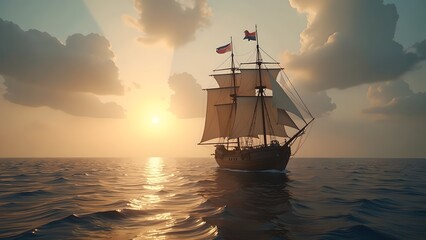 Fototapeta premium Sailing Ship on Blue Sea at Sunset with White Sails and Cloudy Sky