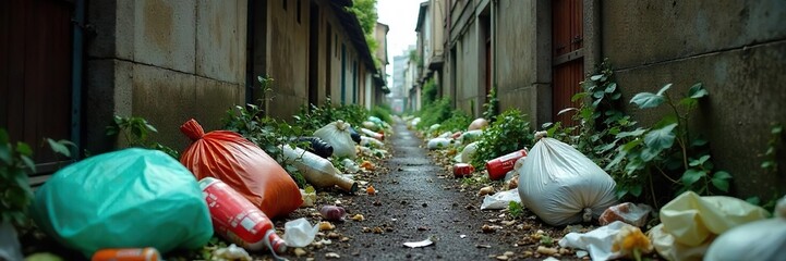 Overgrown alleyway choked with discarded trash bags, bottles, and fast food wrappers; a stark depiction of urban litter and environmental neglect , discarded, urban