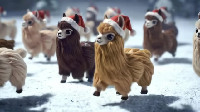 Playful parade of fluffy llamas and alpacas in red Santa hats prancing across sparkling snow, soft cinematic winter light, cozy toy-like 3D style