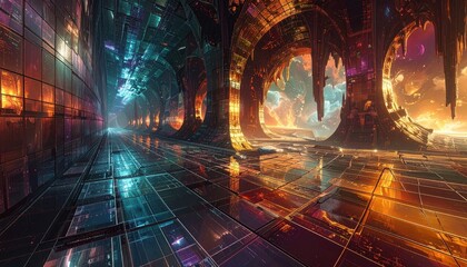 A futuristic, technologically advanced tunnel system, showcasing vibrant colors and intricate architectural design.