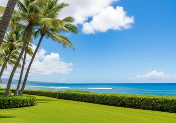 Obraz premium Tropical beach with palm trees by the sea under a bright summer sky