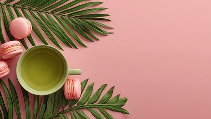 Pink pastel tea time with macarons and palm leaves