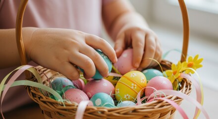 A child's hands reach into a woven basket brimming with colorful decorated Easter eggs.