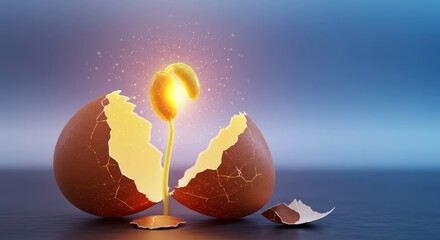 A vibrant sprout bursts forth from a cracked brown egg, symbolizing new beginnings and growth against a soft, gradient backdrop of purple and blue hues.
