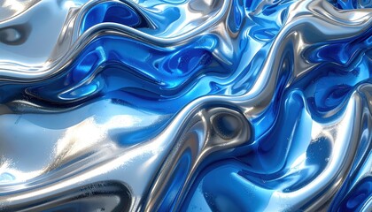 Fototapeta premium Dynamic interplay of blue and silver metallic textures in a flowing, liquid-like design.