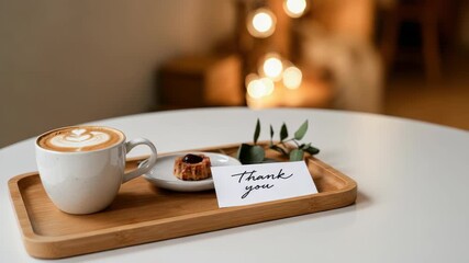 Cup of coffee with pastry and thank you note on wooden tray