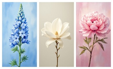 Vertical triptych of elegant single flowers. Blue, white, and pink blossoms, each on a soft, complementary colored background.
