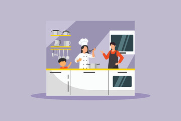 Father mother and child cooking. Cooking Family Concept. Colored flat vector illustration isolated