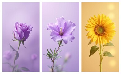 Three vibrant flower panels: a gentle purple rose, a delicate violet bloom, and a bright yellow sunflower. Nature's beauty.