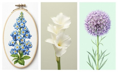Obraz premium A triptych of floral artistry: a blue embroidered bloom, elegant white trumpet flowers, and a vibrant purple globe blossom.