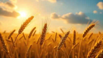 Golden hour sunlight bathes a bountiful field of ripe wheat, ready for harvest The scene evokes the beauty and abundance of the autumnal harvest season , wheat, ripe grain, crop