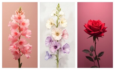 A triptych of elegant floral displays: a pink gladiolus, a vibrant multi-hued flower stem, and a classic red rose on serene backgrounds.