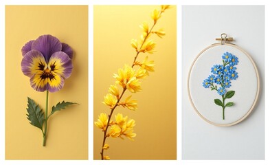 Vibrant triptych showcasing a purple pansy, a yellow blooming branch, and delicate blue flower embroidery, celebrating natural and crafted beauty.