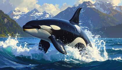 Fototapeta premium A majestic orca leaps gracefully through the turquoise waves, showcasing its powerful form against a backdrop of snow-capped mountains and lush forests.