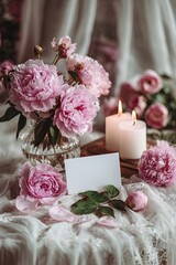Pink peonies, candles, and lace. A delicate arrangement of pink peonies in a vase, with candles and a blank card on a bed of lace