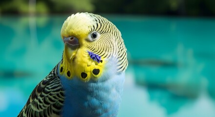 Close up of colorful budgerigar parakeet with yellow head and blue chest feathers perched outdoors against turquoise blurred background, exotic pet bird portrait representing vibrant avian beauty 