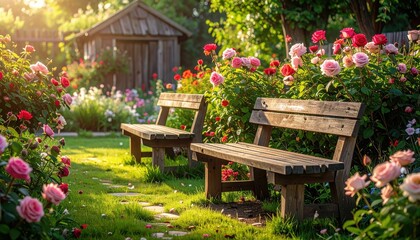 Obraz premium A sun-drenched garden path leads to a charming wooden bench nestled amongst vibrant rose bushes.