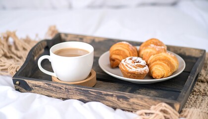 Morning tray with coffee and pastries on a bed