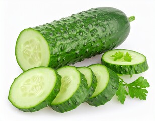 Cucumber and cucumber slices isolated on a white background