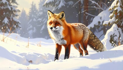 Fototapeta premium A vibrantly colored red fox strolls through a snowy winter forest.